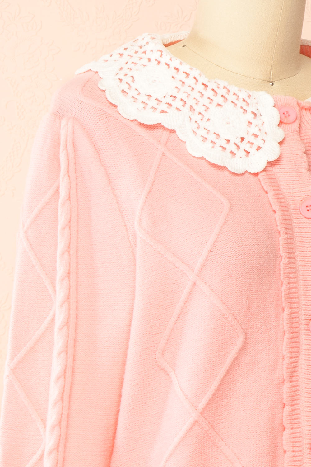 Braden | Pink Knit Cardigan with Peter Pan Collar and Cable Details