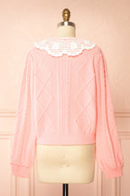 Braden | Pink Knit Cardigan with Peter Pan Collar and Cable Details
