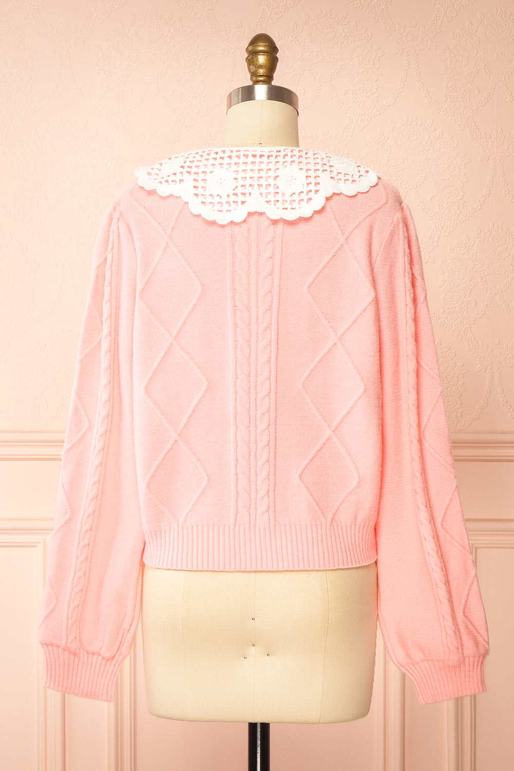 Braden | Pink Knit Cardigan with Peter Pan Collar and Cable Details