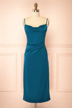 Chloe Teal | Cowl Neck Satin Midi Slip Dress