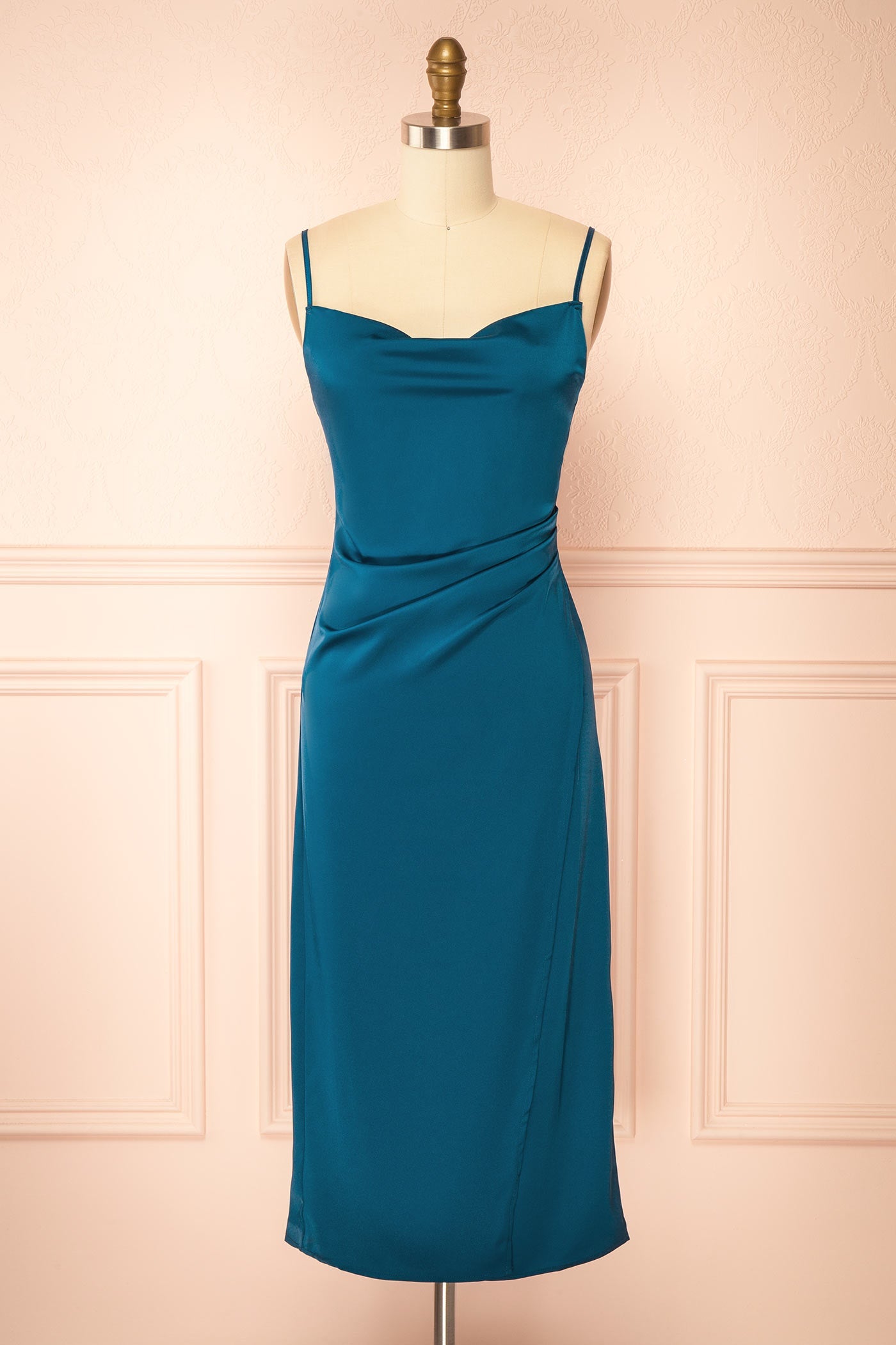 Chloe Teal | Cowl Neck Satin Midi Slip Dress