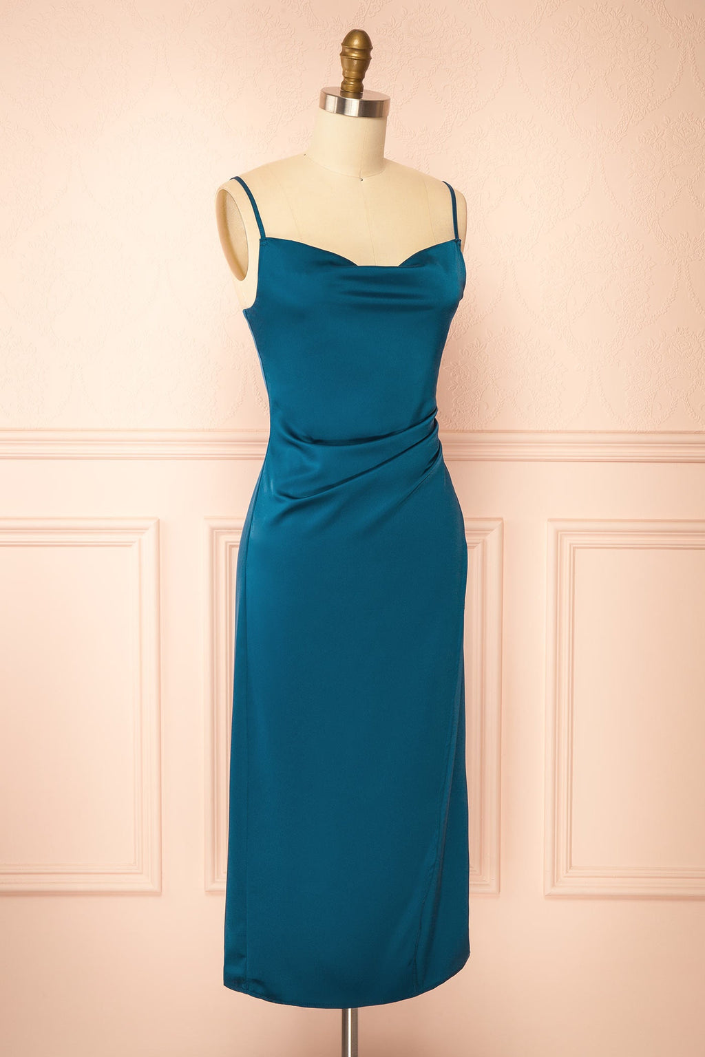 Chloe Teal | Cowl Neck Satin Midi Slip Dress