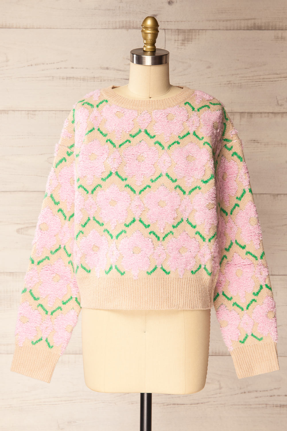 Dalhousie | Beige Knit Sweater with Fuzzy Floral Pattern