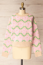 Dalhousie | Beige Knit Sweater with Fuzzy Floral Pattern