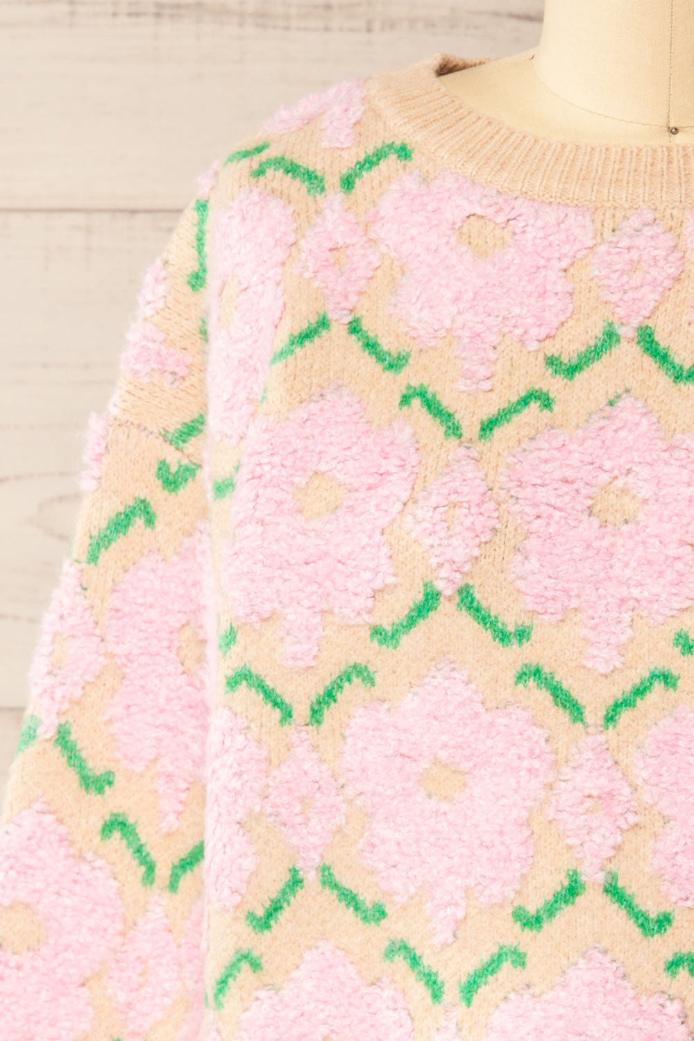 Dalhousie | Beige Knit Sweater with Fuzzy Floral Pattern