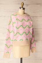 Dalhousie | Beige Knit Sweater with Fuzzy Floral Pattern