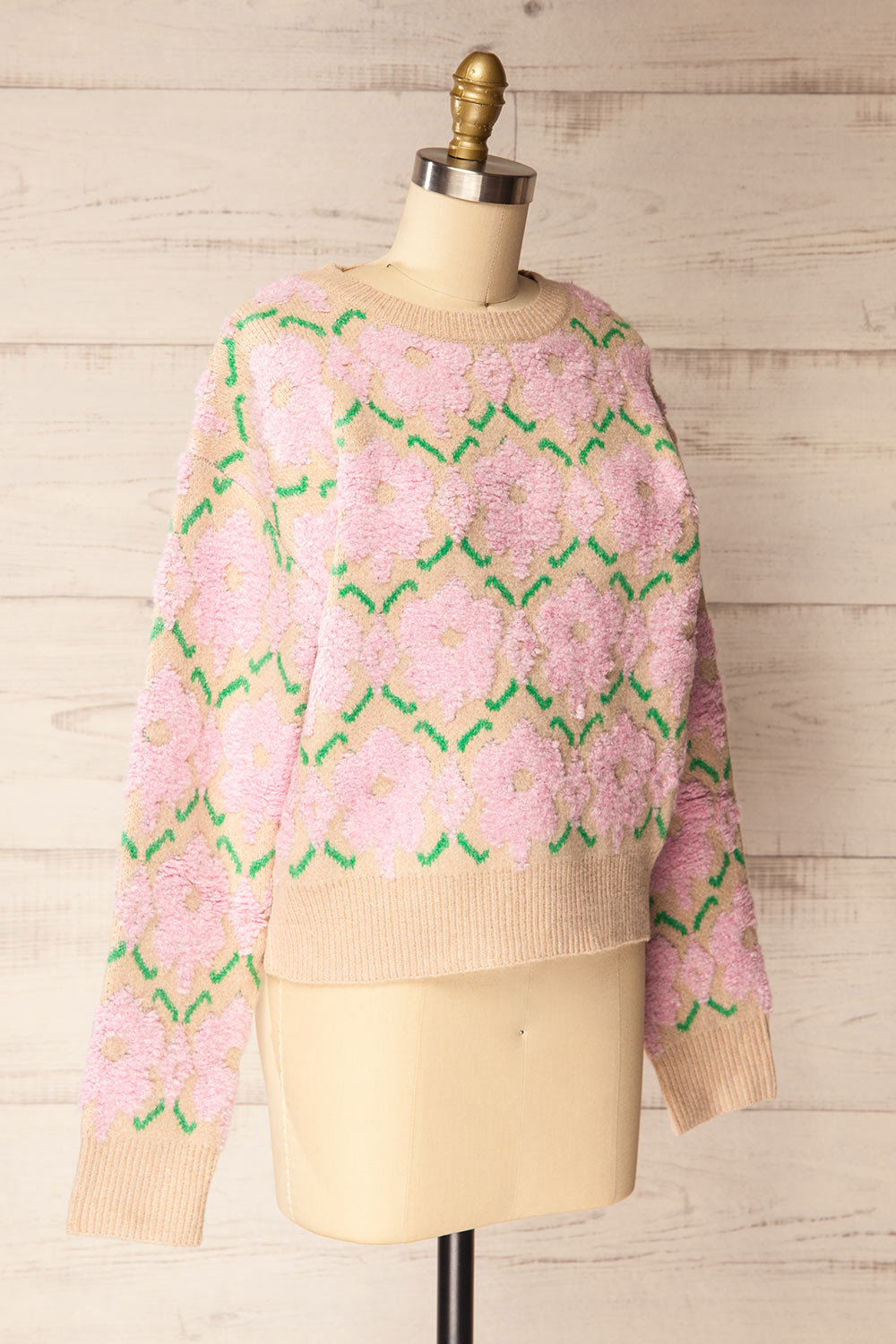 Dalhousie | Beige Knit Sweater with Fuzzy Floral Pattern