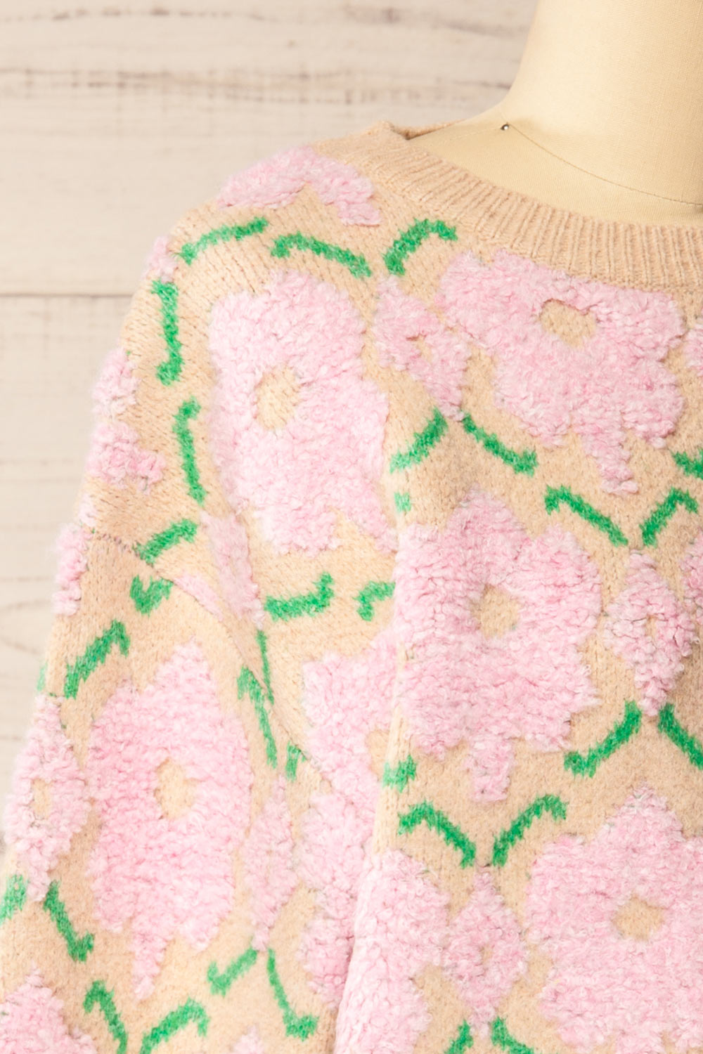 Dalhousie | Beige Knit Sweater with Fuzzy Floral Pattern