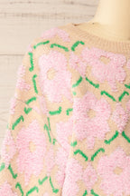 Dalhousie | Beige Knit Sweater with Fuzzy Floral Pattern