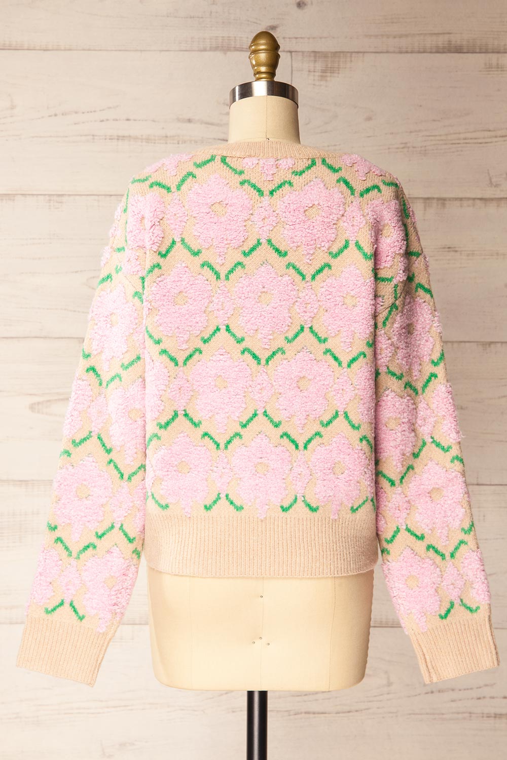 Dalhousie | Beige Knit Sweater with Fuzzy Floral Pattern