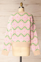 Dalhousie | Beige Knit Sweater with Fuzzy Floral Pattern