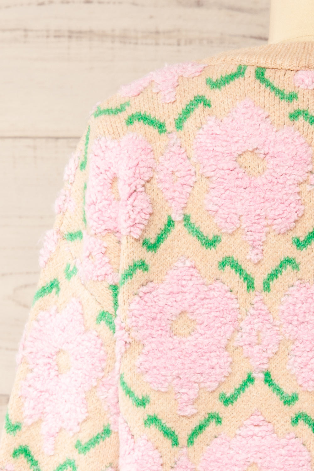 Dalhousie | Beige Knit Sweater with Fuzzy Floral Pattern