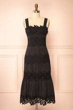 Davina | Black Lace Midi Dress with Smocked Back