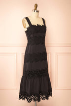 Davina | Black Lace Midi Dress with Smocked Back
