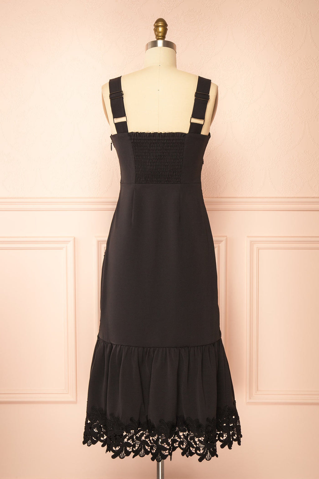Davina | Black Lace Midi Dress with Smocked Back