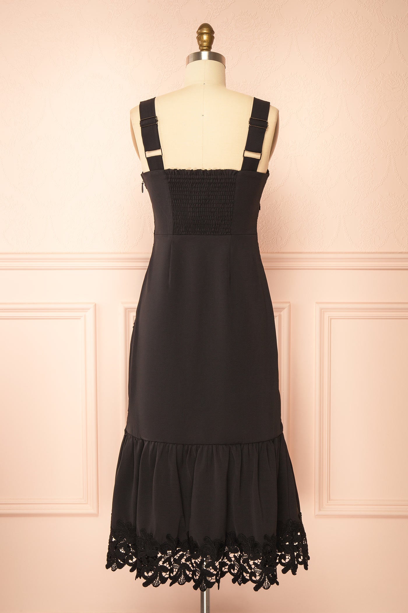 Davina | Black Lace Midi Dress with Smocked Back