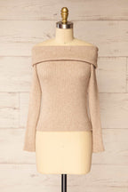 Delhi Beige | Off-the-Shoulder Ribbed Knit Sweater