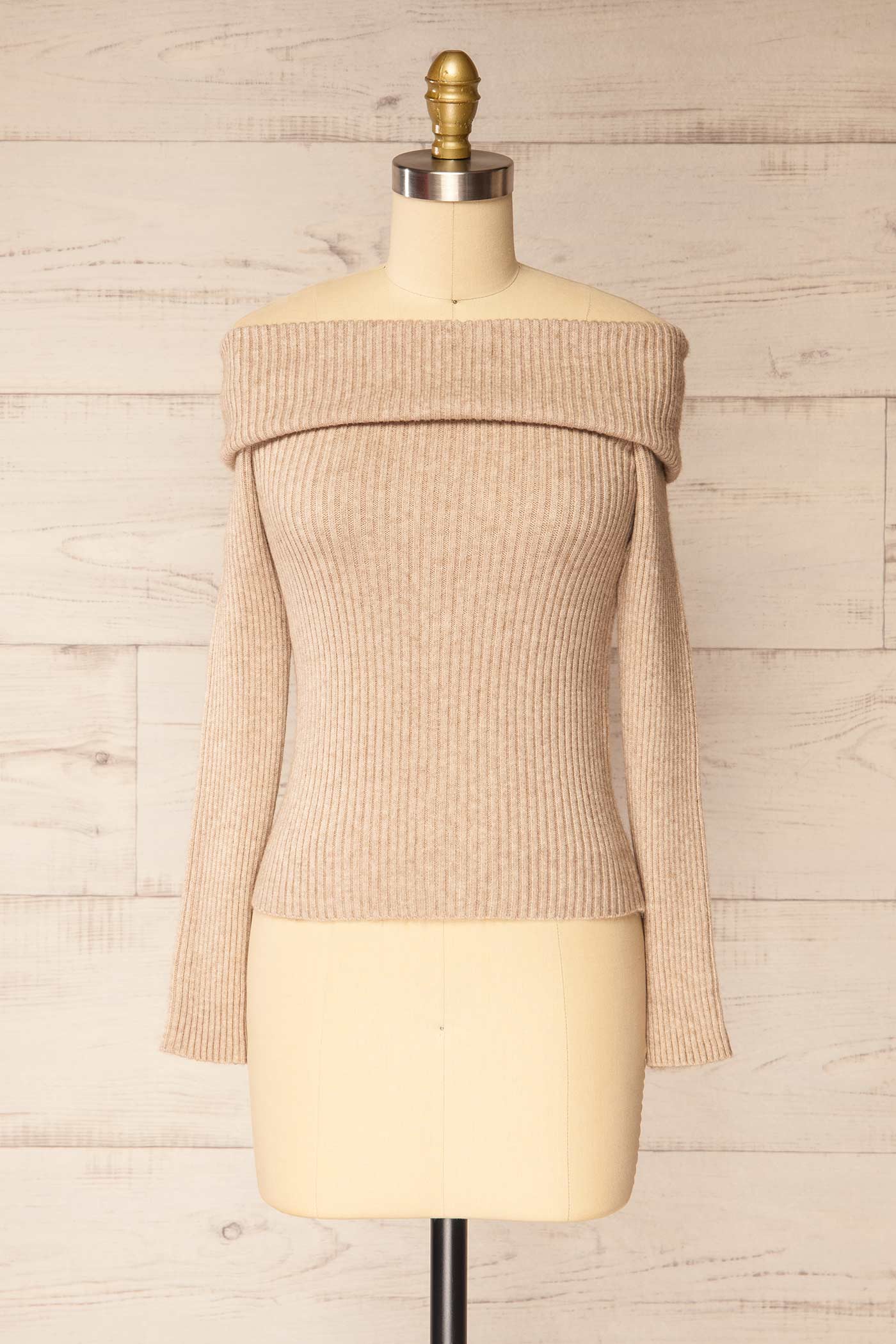 Delhi Beige | Off-the-Shoulder Ribbed Knit Sweater