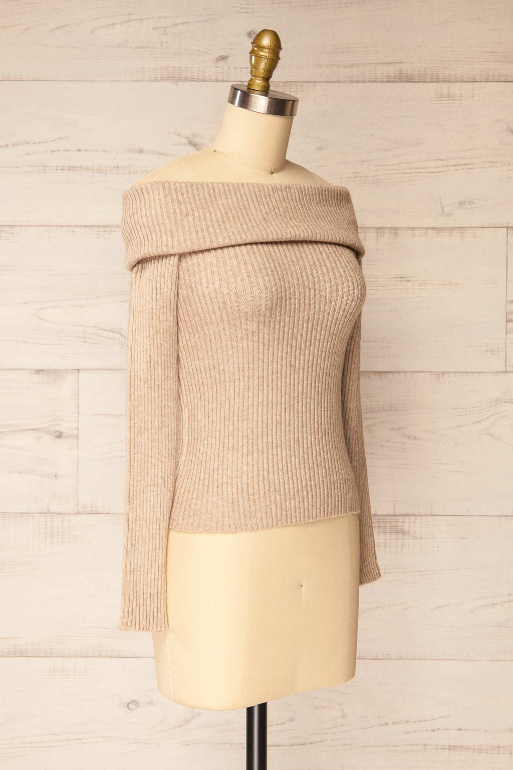 Delhi Beige | Off-the-Shoulder Ribbed Knit Sweater
