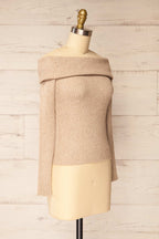 Delhi Beige | Off-the-Shoulder Ribbed Knit Sweater