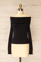Delhi Black | Off-the-Shoulder Ribbed Knit Sweater