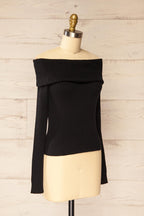 Delhi Black | Off-the-Shoulder Ribbed Knit Sweater