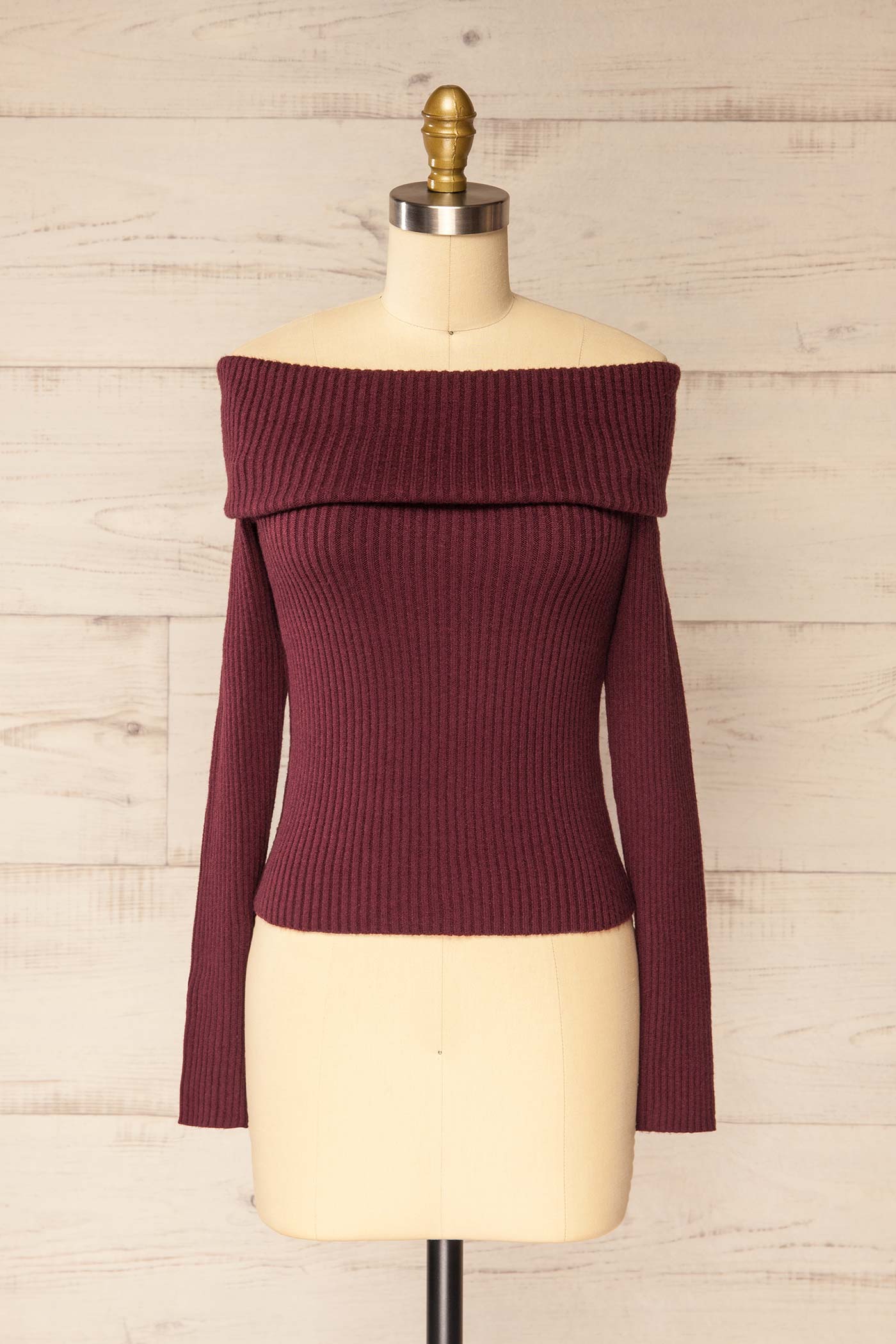 Delhi Burgundy | Off-the-Shoulder Ribbed Knit Sweater