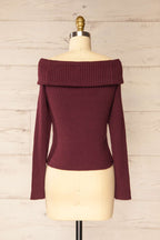 Delhi Burgundy | Off-the-Shoulder Ribbed Knit Sweater