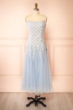 Delvina | Blue Floral Embroidered Midi Dress