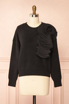 Dharapani | Black Sweater with Pleated Flower