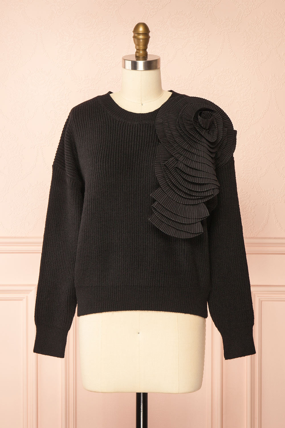 Dharapani | Black Sweater with Pleated Flower