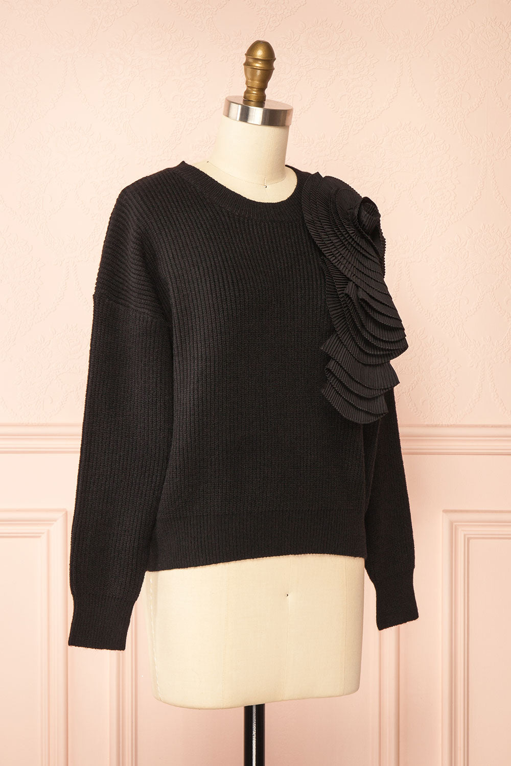 Dharapani | Black Sweater with Pleated Flower