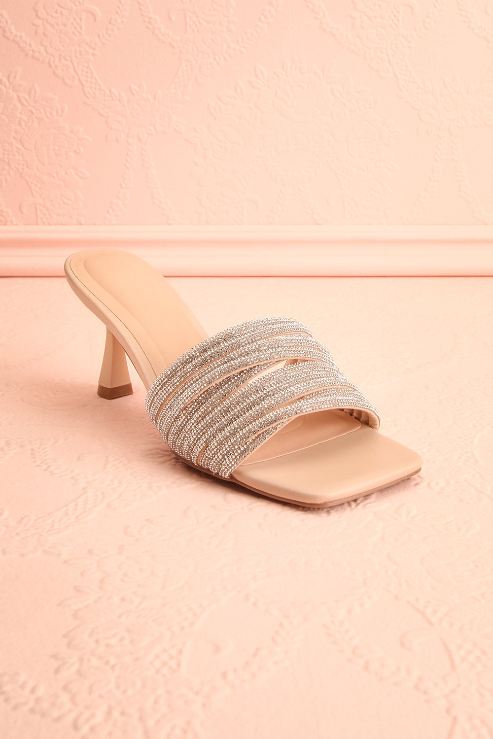 Euthenia Beige | Heeled Sandals w/ Rhinestone Straps