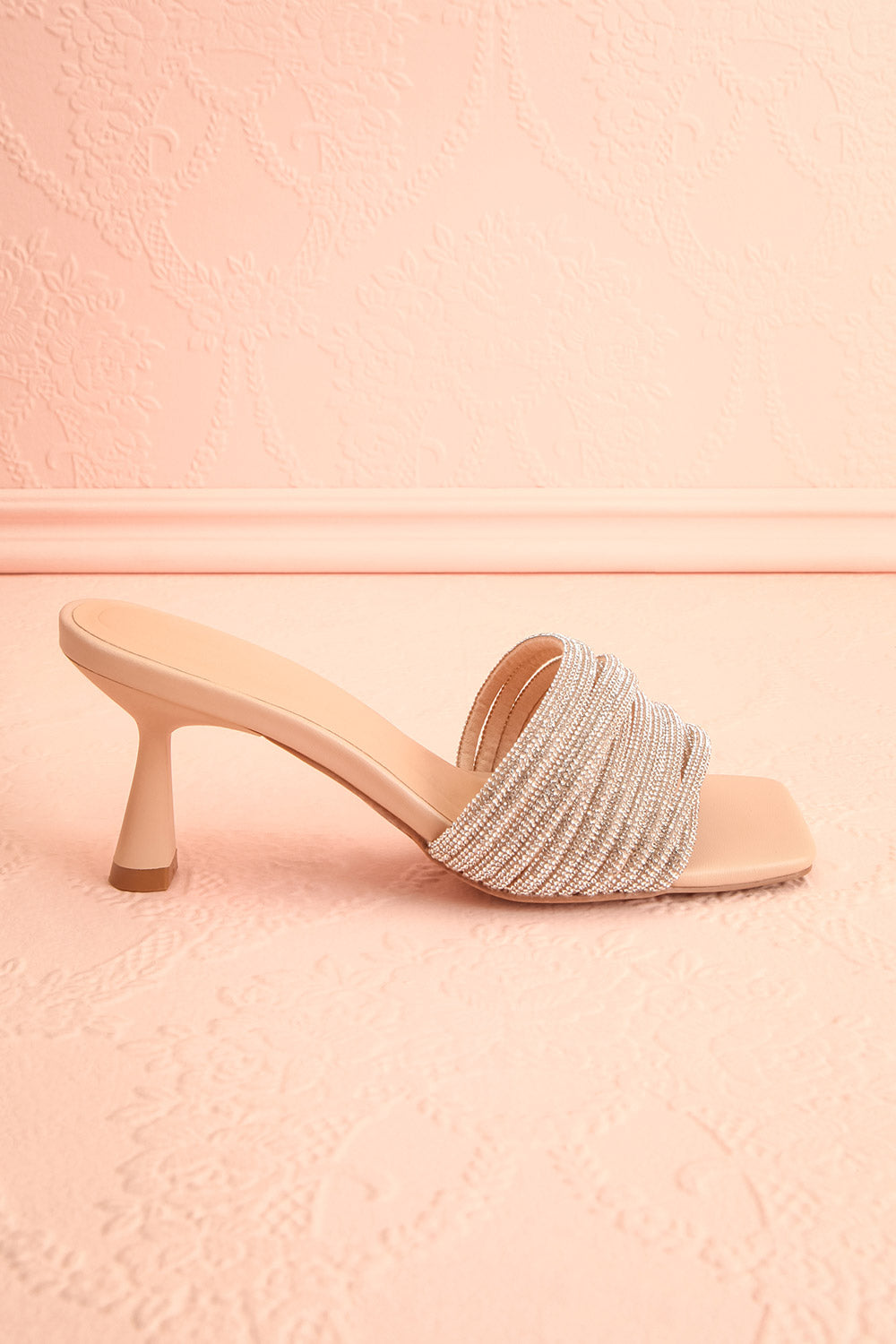 Euthenia Beige | Heeled Sandals w/ Rhinestone Straps