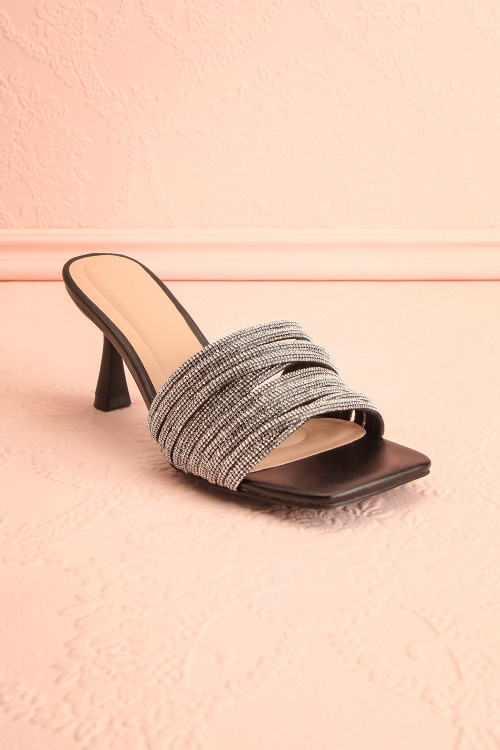 Euthenia Black | Heeled Sandals w/ Rhinestone Straps
