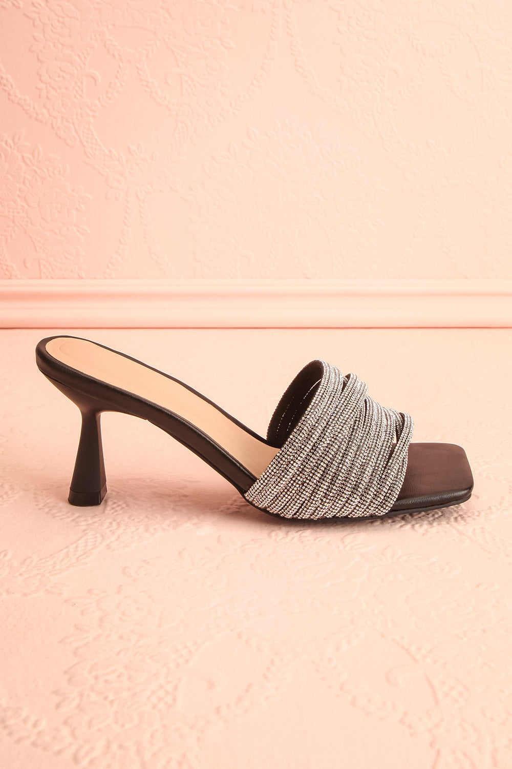 Euthenia Black | Heeled Sandals w/ Rhinestone Straps