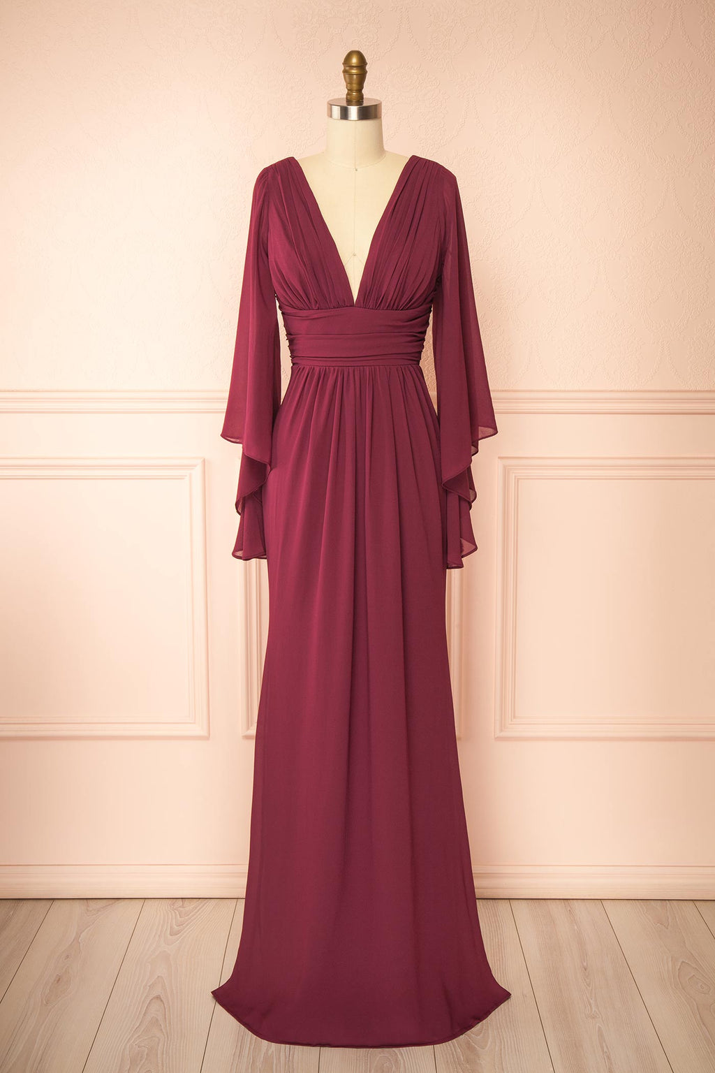 Fabiana | Burgundy V-Neck Maxi Dress with Bell Sleeves