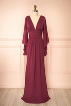 Fabiana | Burgundy V-Neck Maxi Dress with Bell Sleeves