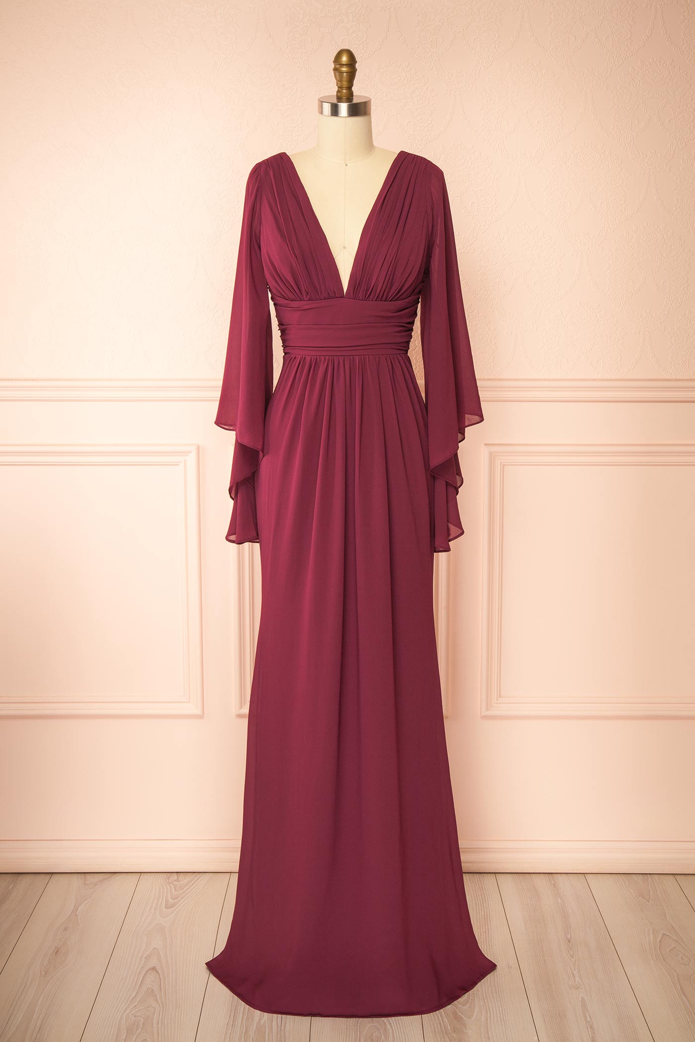 Fabiana | Burgundy V-Neck Maxi Dress with Bell Sleeves