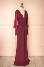 Fabiana | Burgundy V-Neck Maxi Dress with Bell Sleeves