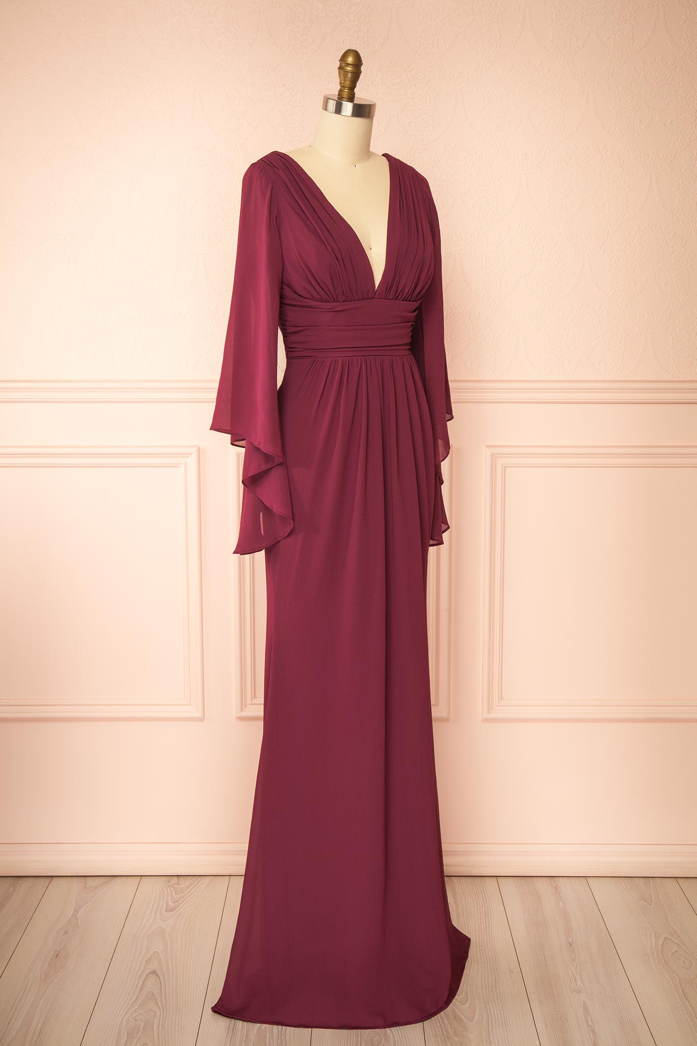 Fabiana | Burgundy V-Neck Maxi Dress with Bell Sleeves