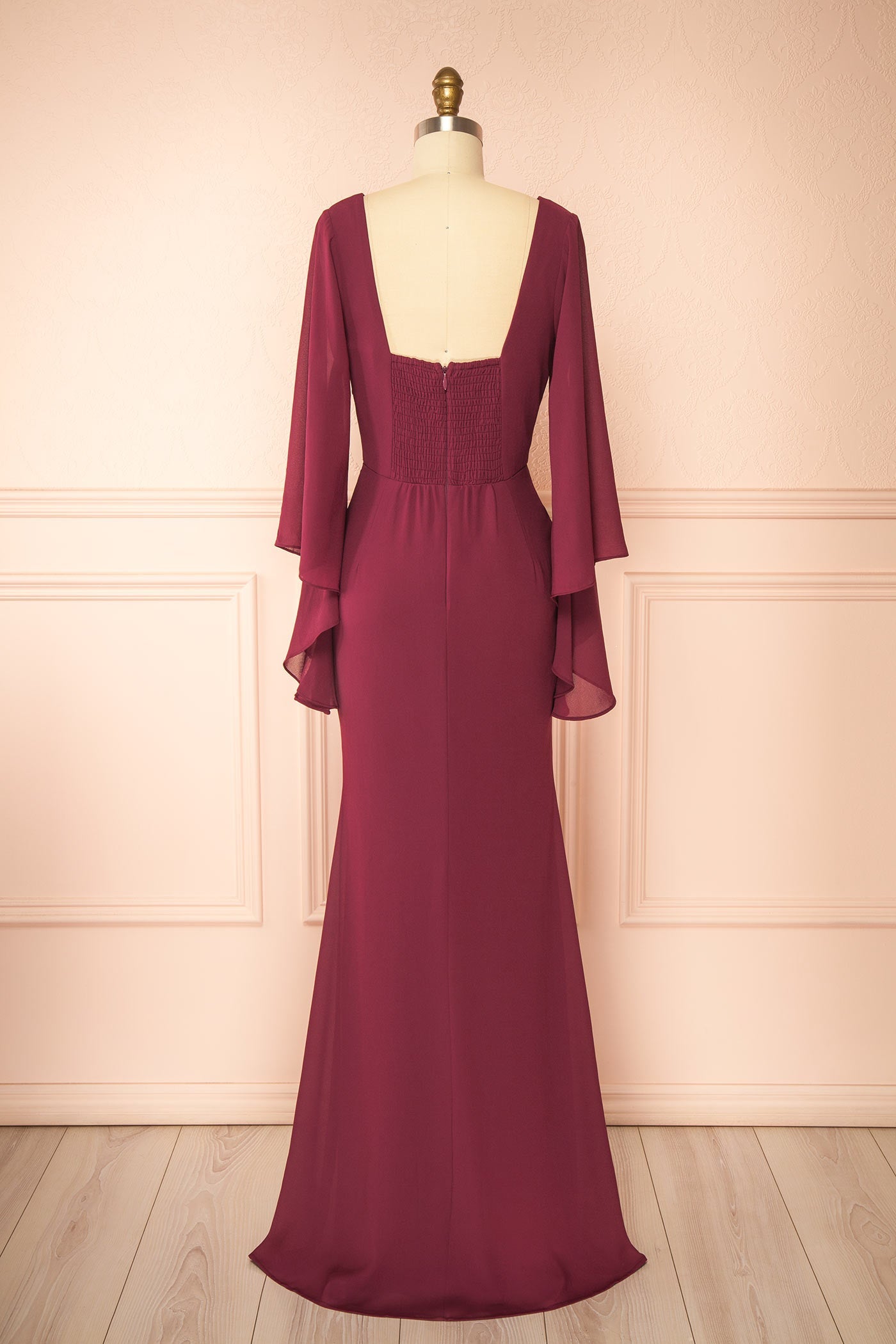 Fabiana | Burgundy V-Neck Maxi Dress with Bell Sleeves