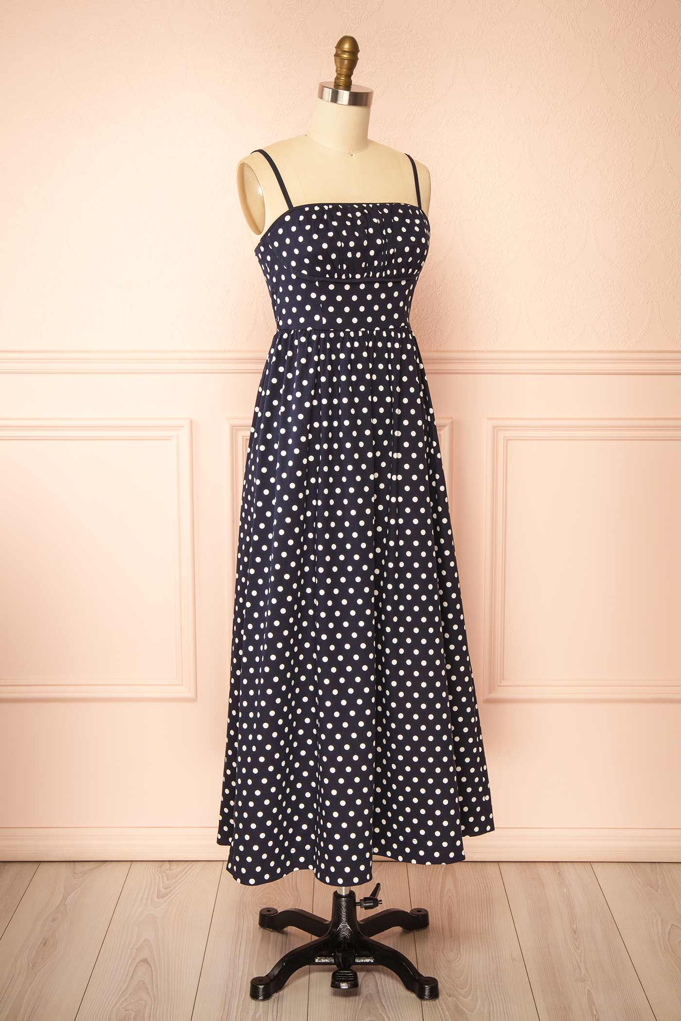 Fatiana | Navy Polka Dot Midi Dress with Empire Waist