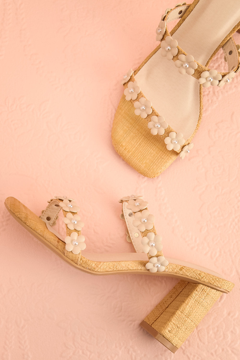 Feliza | Raffia Block Heel Sandals with Floral Appliqués