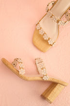Feliza | Raffia Block Heel Sandals with Floral Appliqués