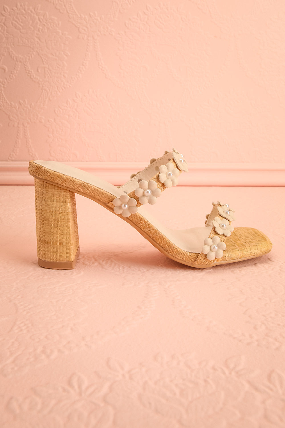 Feliza | Raffia Block Heel Sandals with Floral Appliqués