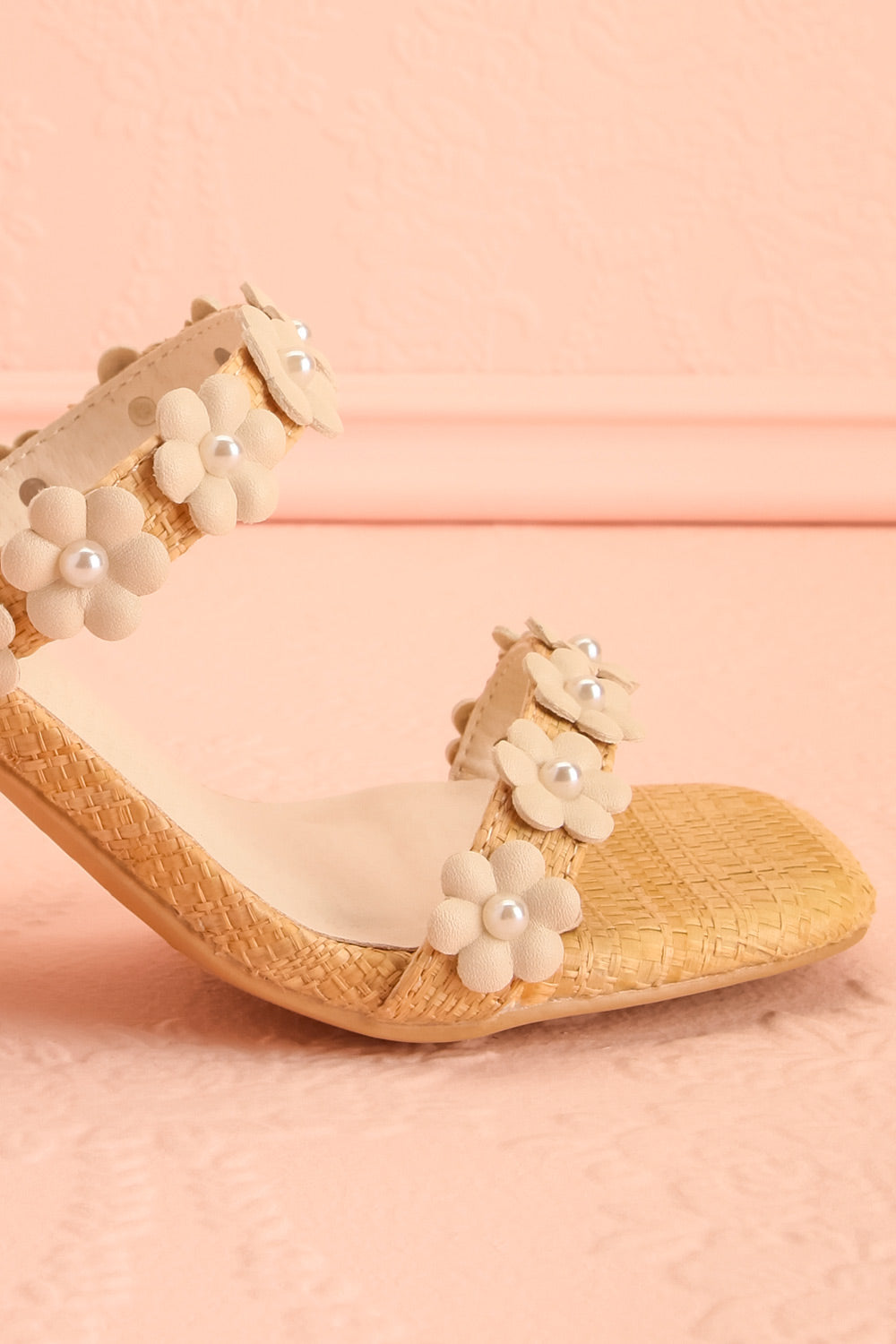 Feliza | Raffia Block Heel Sandals with Floral Appliqués