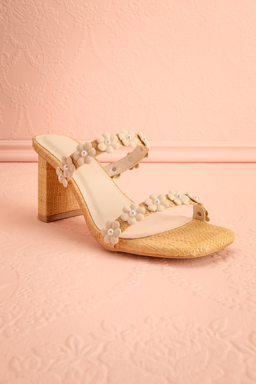 Feliza | Raffia Block Heel Sandals with Floral Appliqués