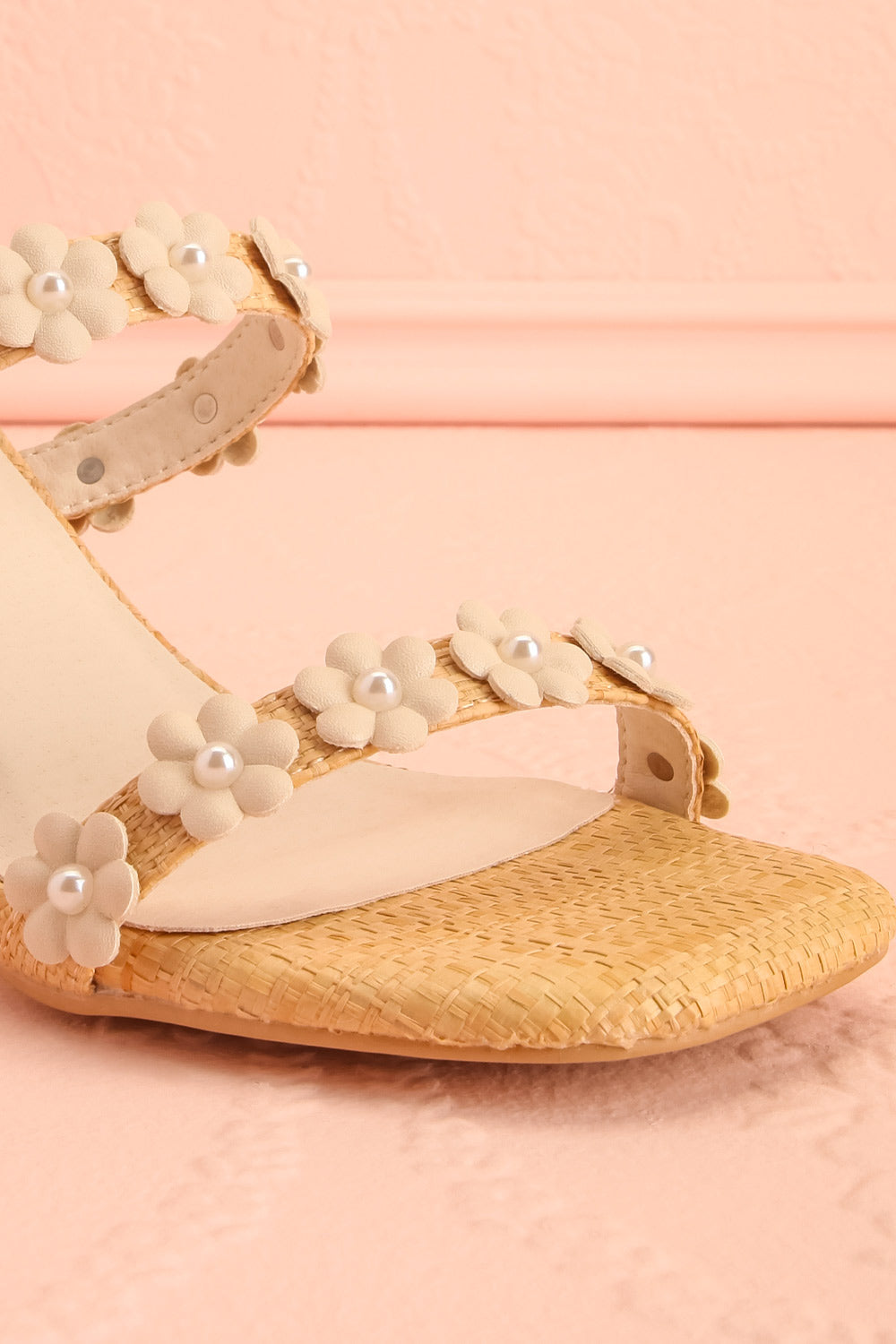 Feliza | Raffia Block Heel Sandals with Floral Appliqués