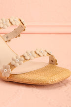 Feliza | Raffia Block Heel Sandals with Floral Appliqués